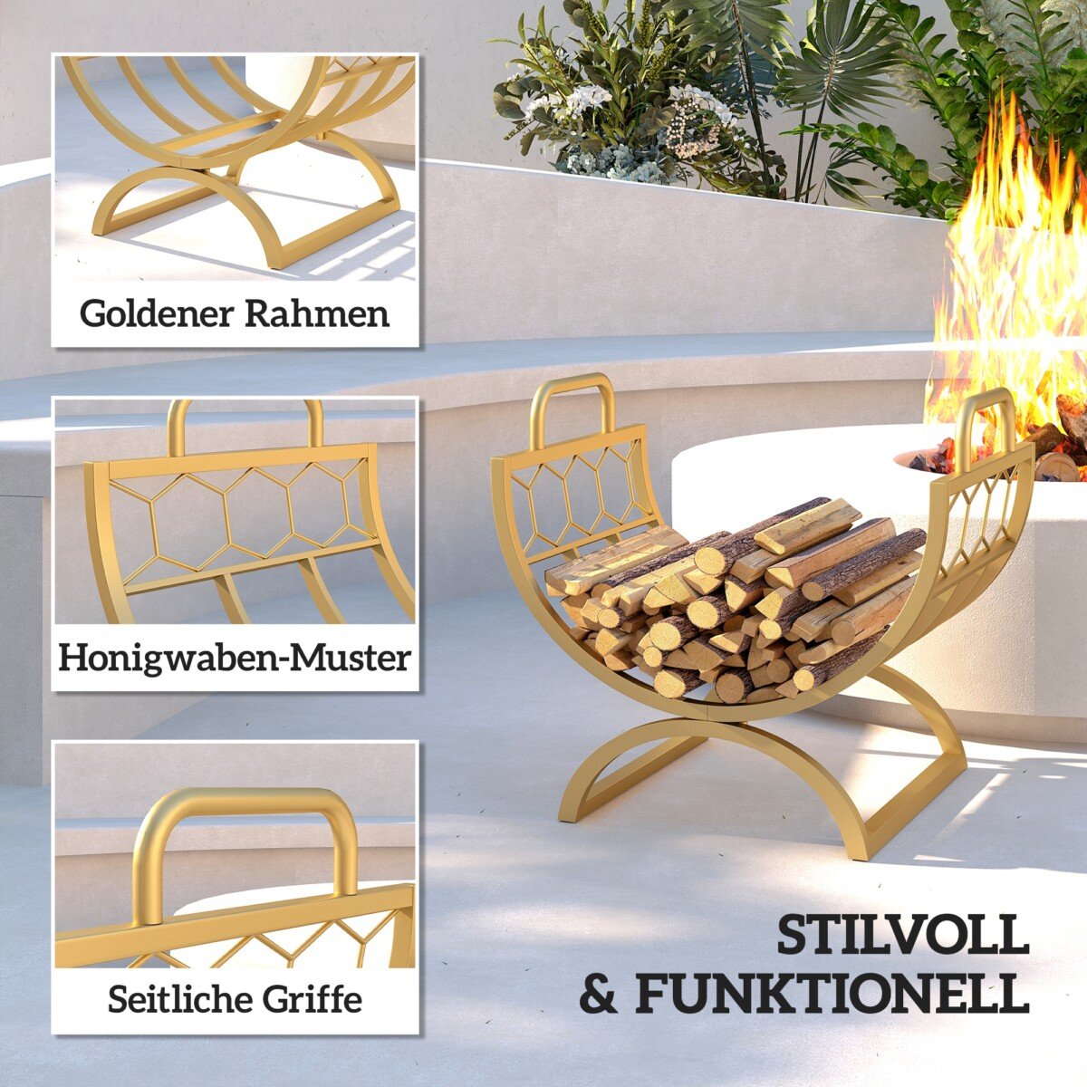 Metalinė kamino malkų lentyna su žurnalų ir plokštelių laikikliu