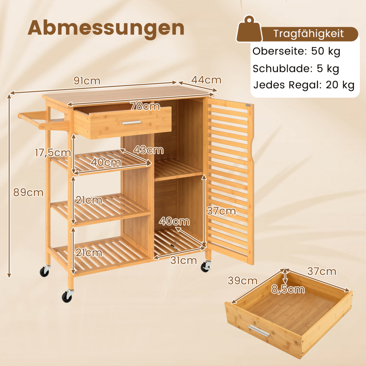 Bambukinis virtuvės vežimėlis su stalčiumi ir lentynomis (Natūrali)