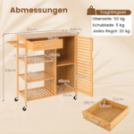 Bambukinis virtuvės vežimėlis su stalčiumi ir lentynomis (Natūrali)