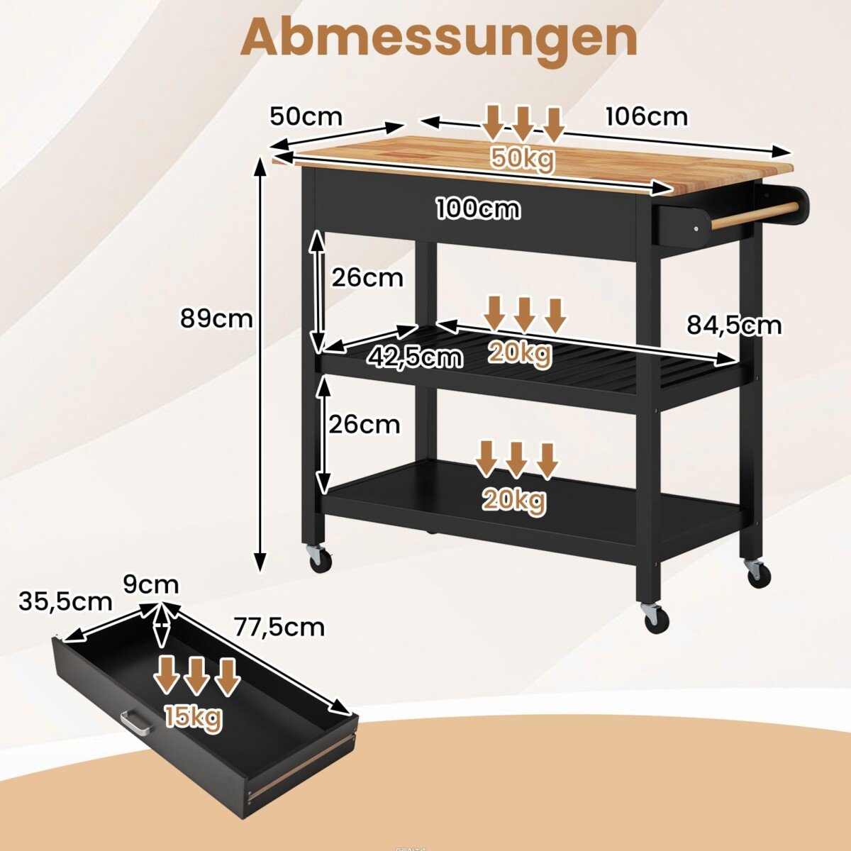 Virtuvės salelė su stalčiais ir lentynomis (Juoda)