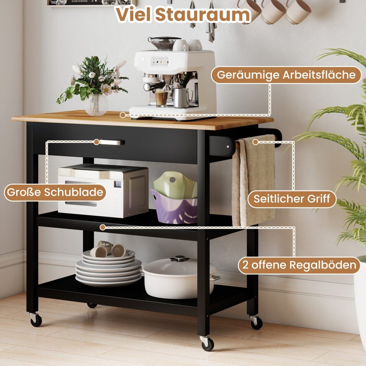 Virtuvės salelė su stalčiais ir lentynomis (Juoda)