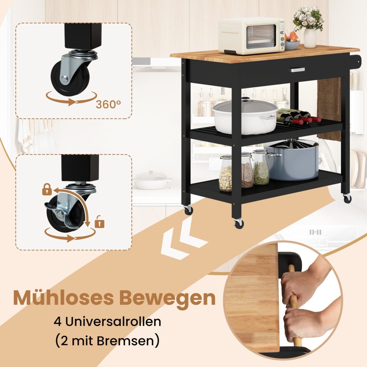 Virtuvės salelė su stalčiais ir lentynomis (Juoda)