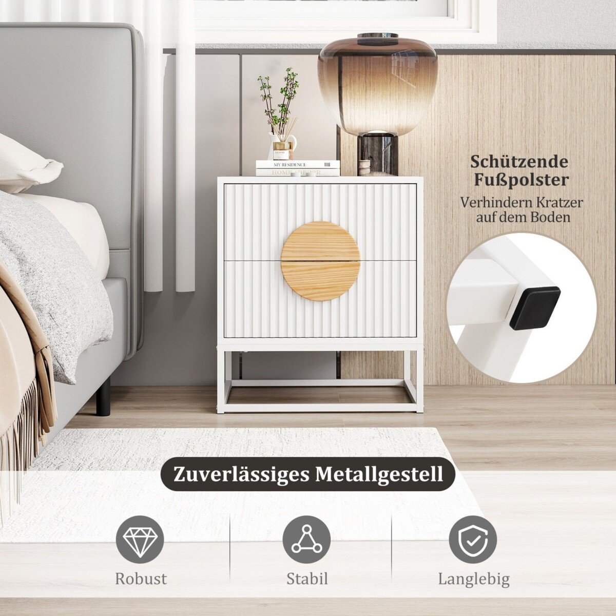 Stilingas naktinis staliukas su dviem stalčiais (Balta)