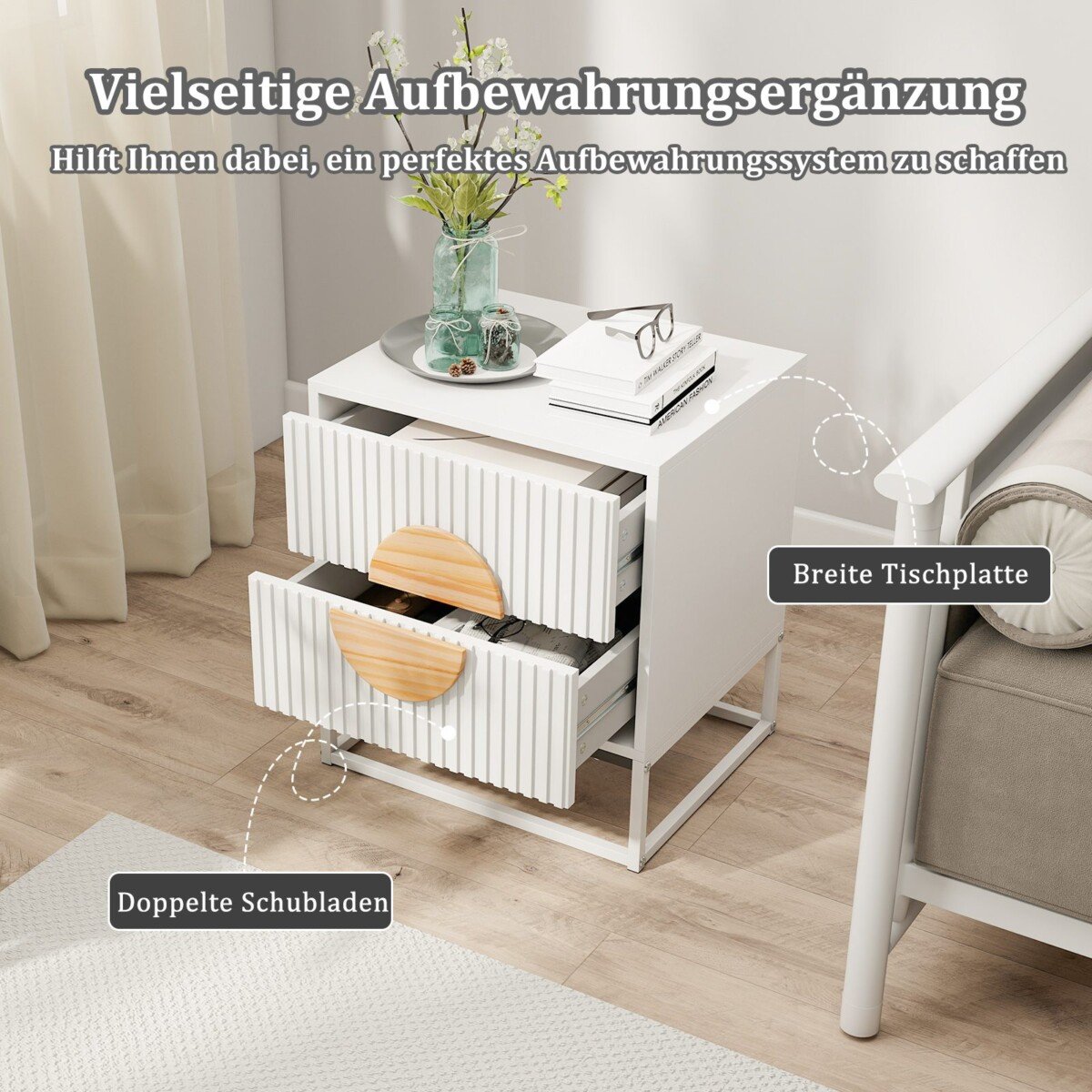 Stilingas naktinis staliukas su dviem stalčiais (Balta)