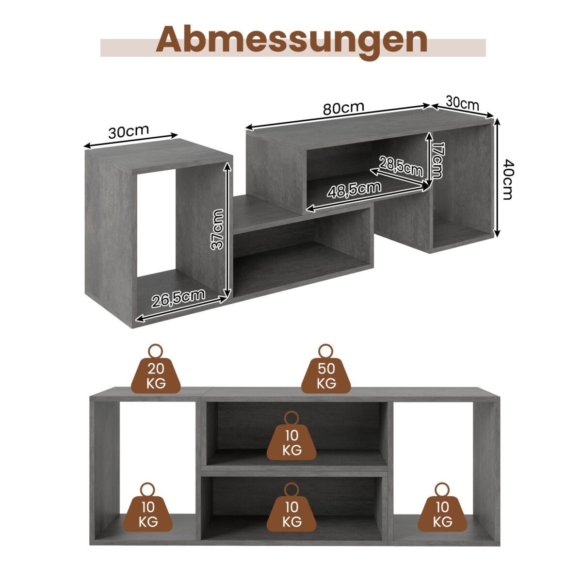 Modulinis TV staliukas su L formos lentynėlėmis (Pilka)