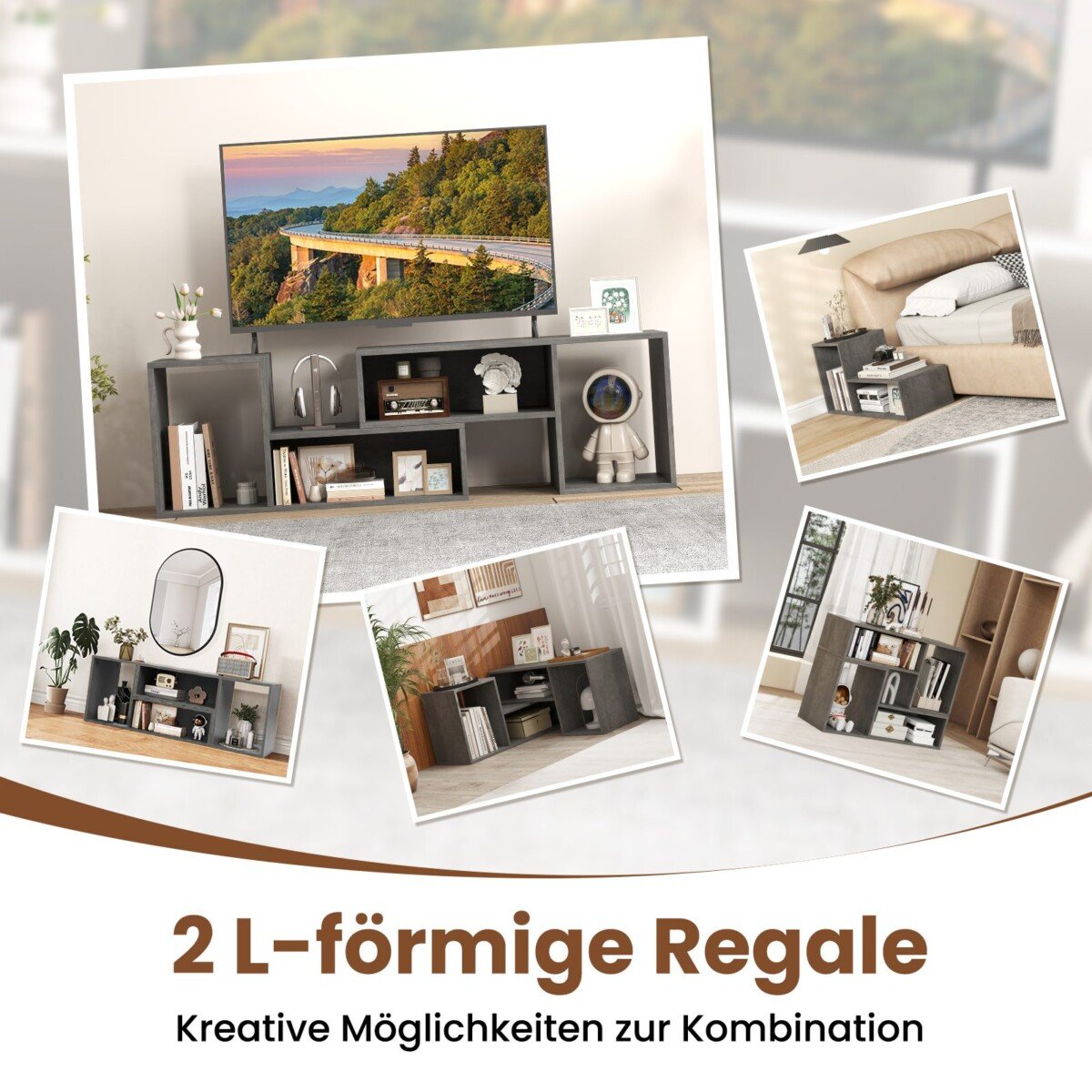 Modulinis TV staliukas su L formos lentynėlėmis (Pilka)