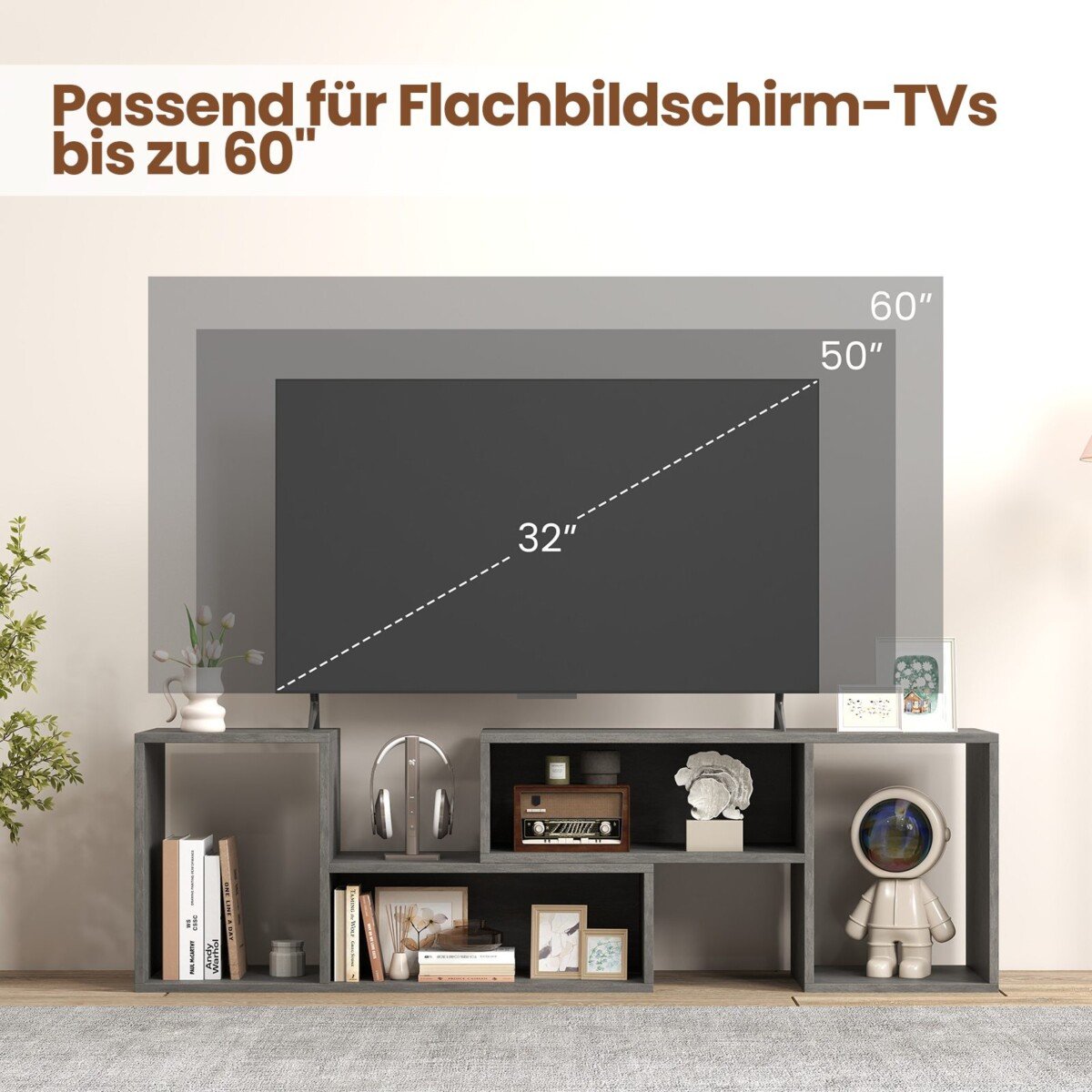 Modulinis TV staliukas su L formos lentynėlėmis (Pilka)