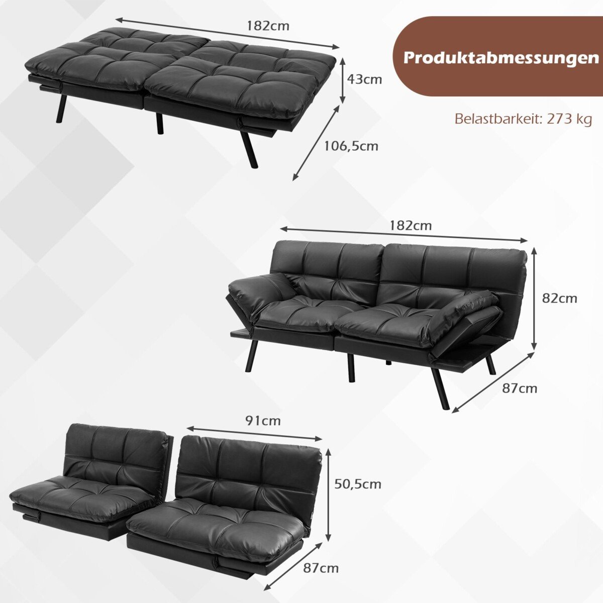 Modulinė sofa-lova su reguliuojamu atlošu ir porankiais (Juoda)
