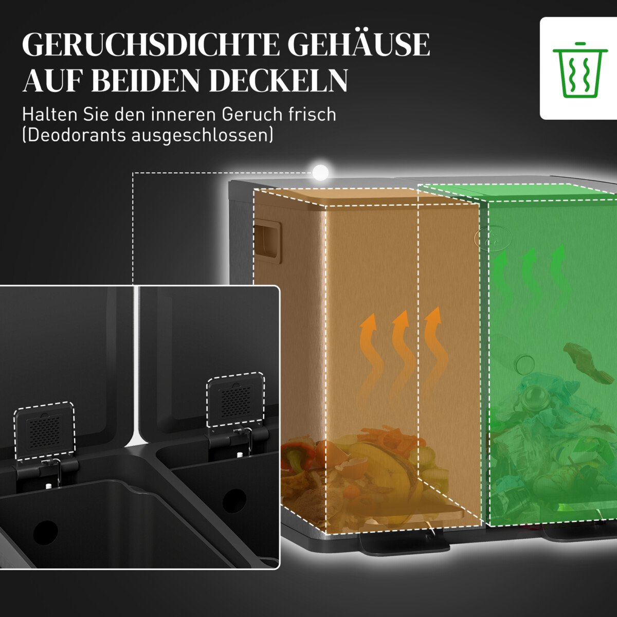 Nerūdijančio plieno atliekų rūšiavimo šiukšliadėžė su pedalu, 2 x 15 l