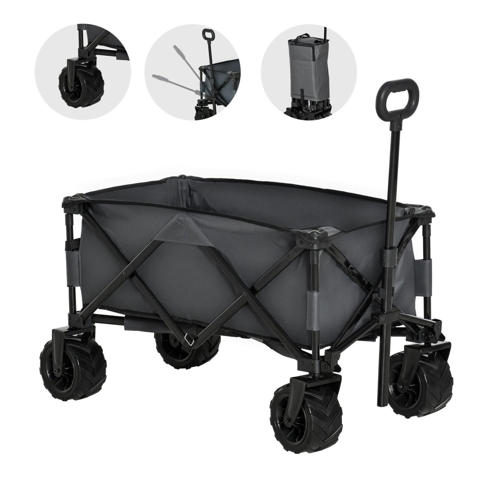 Outsunny Bollerwagen Faltbarer Handwagen 360° Gartenwagen Transportwagen mit Teleskop Griff Verstellbarer Griffhöhe Strandwagen bis 70 kg Tragkraft Metall Oxford Dunkelgrau 108 x 55 x 59-89 cm Sulankstomas universalus vežimėlis su reguliuojama rankena, 70 kg talpos