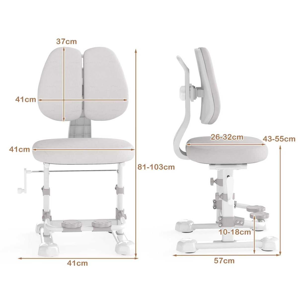 Ergonomiška vaikiška rašomojo stalo kėdė su reguliuojamu dvigubu atlošu ir atrama kojoms (Pilka)