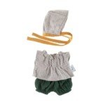 Pilkas nėrinių komplektas lėlėms 32 cm su kepuraite