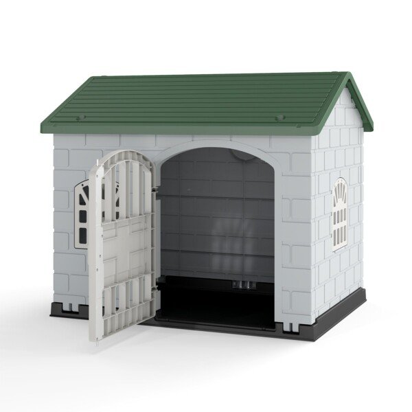 Tvirtas plastiko šunų namelyje su apsaugota nuo lietaus stogine (Žalia)