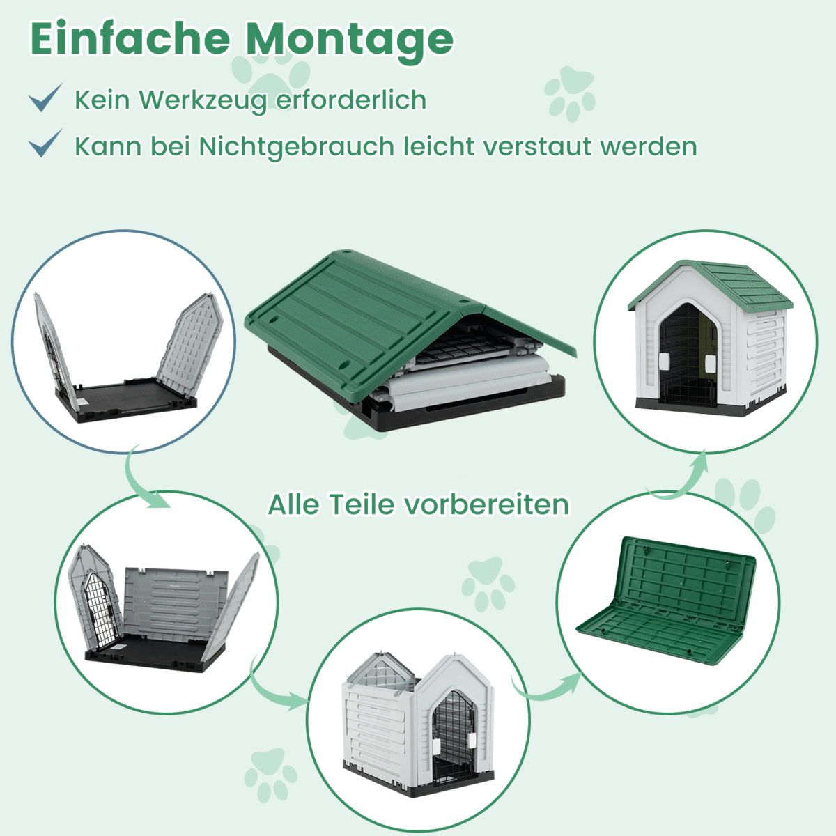 Plastikinė šunų būda su užrakinamomis metalinėmis durimis ir ventiliacijos angomis (Žalia)