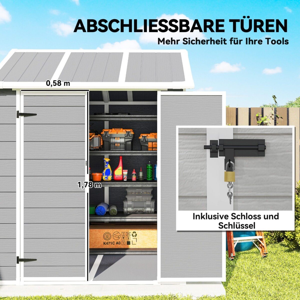 Polipropileninis sodo namelis su langu ir rakinamomis durimis