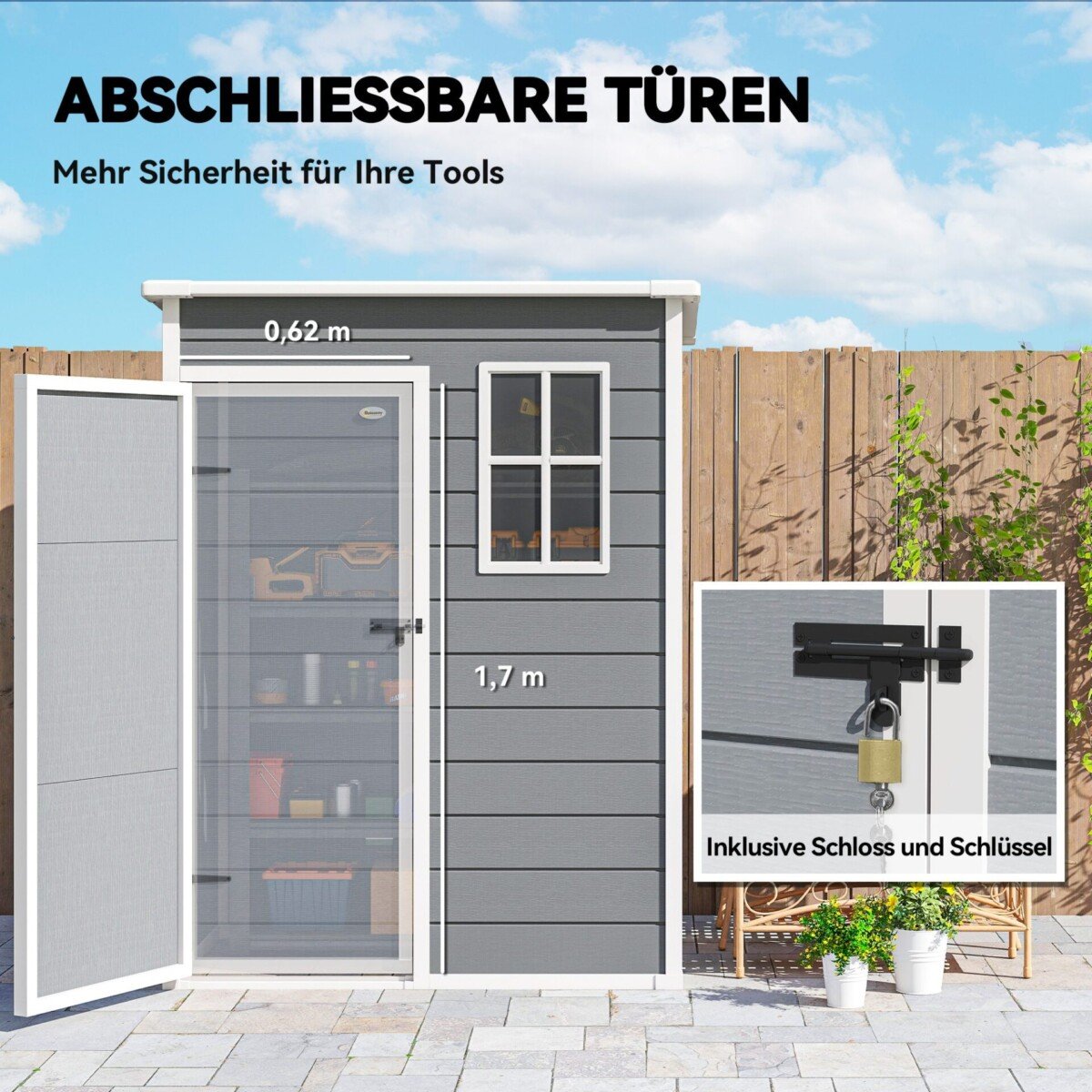 Plastikinis sodo sandėliukas su langu ir rakinamomis durimis