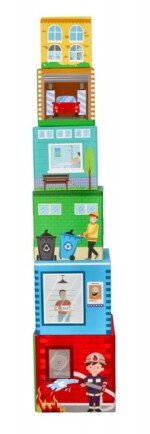 Puodelių piramidė su transporto priemonėmis