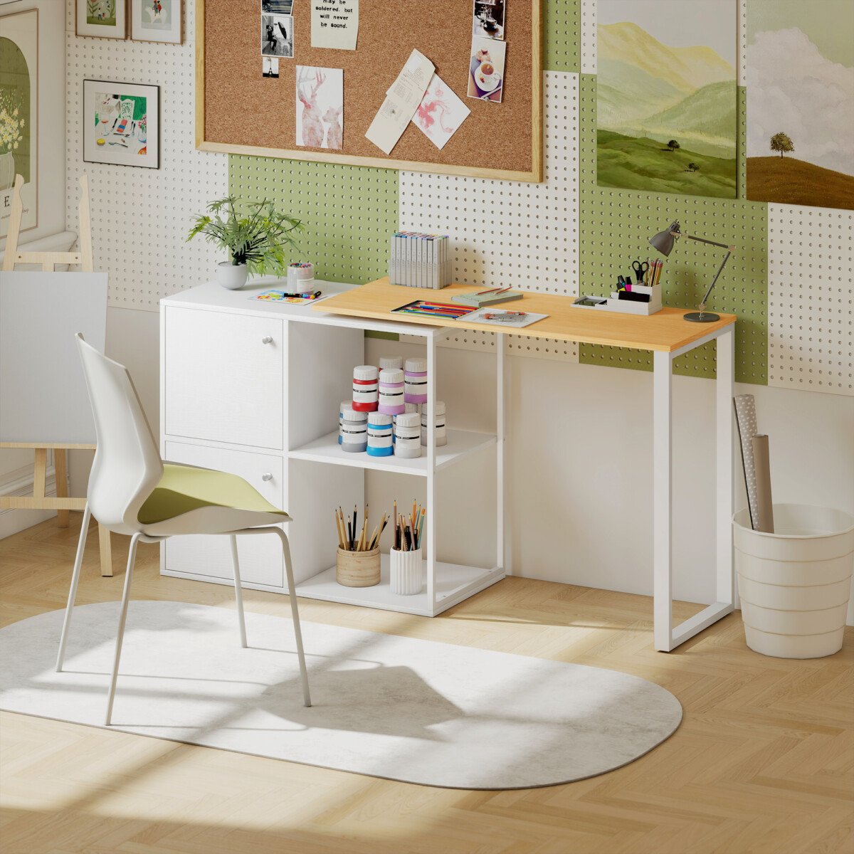 Rašomasis stalas su 360° pasukamu moduliu ir integruotomis spintelėmis