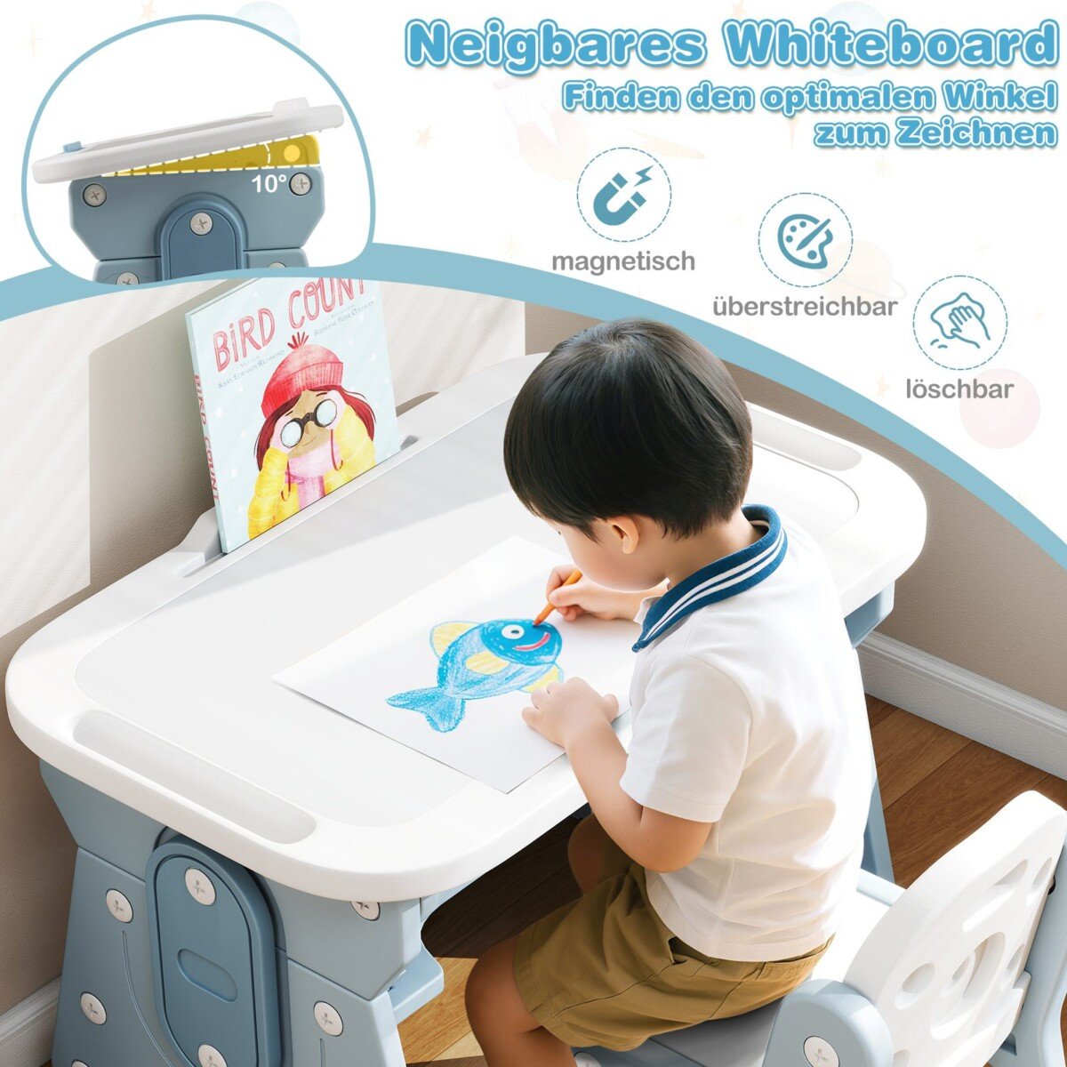 Reguliuojamo aukščio vaikiškas stalas su kėde ir pakreipiamu stalviršiu (Mėlyna)