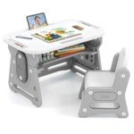 Reguliuojamo aukščio vaikiškas stalas su kėde ir rašymo lenta (Pilka)