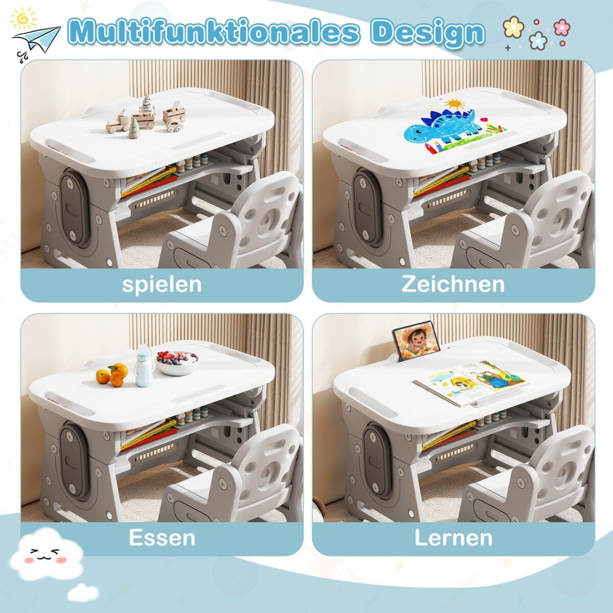 Reguliuojamo aukščio vaikiškas stalas su kėde ir rašymo lenta (Pilka)