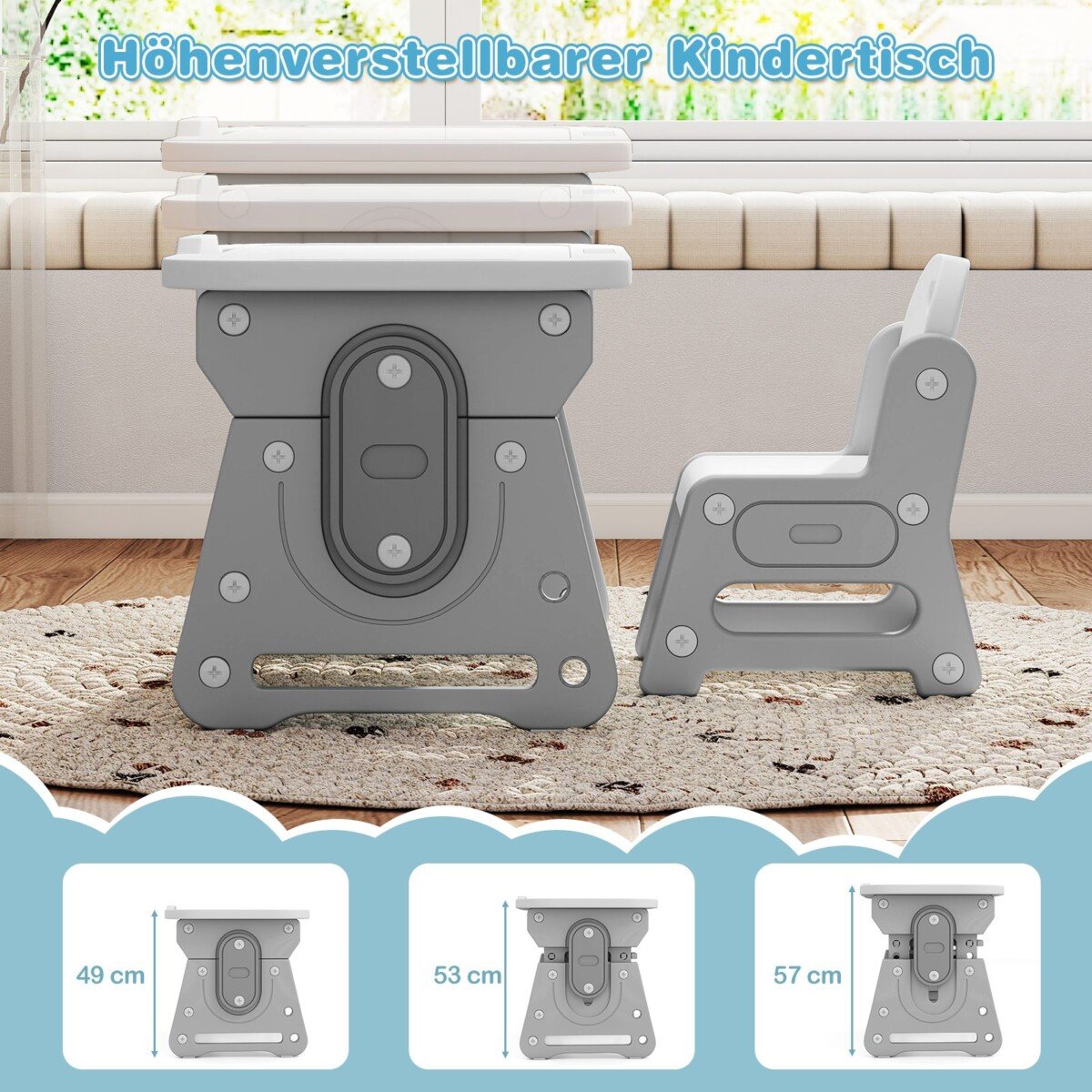 Reguliuojamo aukščio vaikiškas stalas su kėde ir rašymo lenta (Pilka)