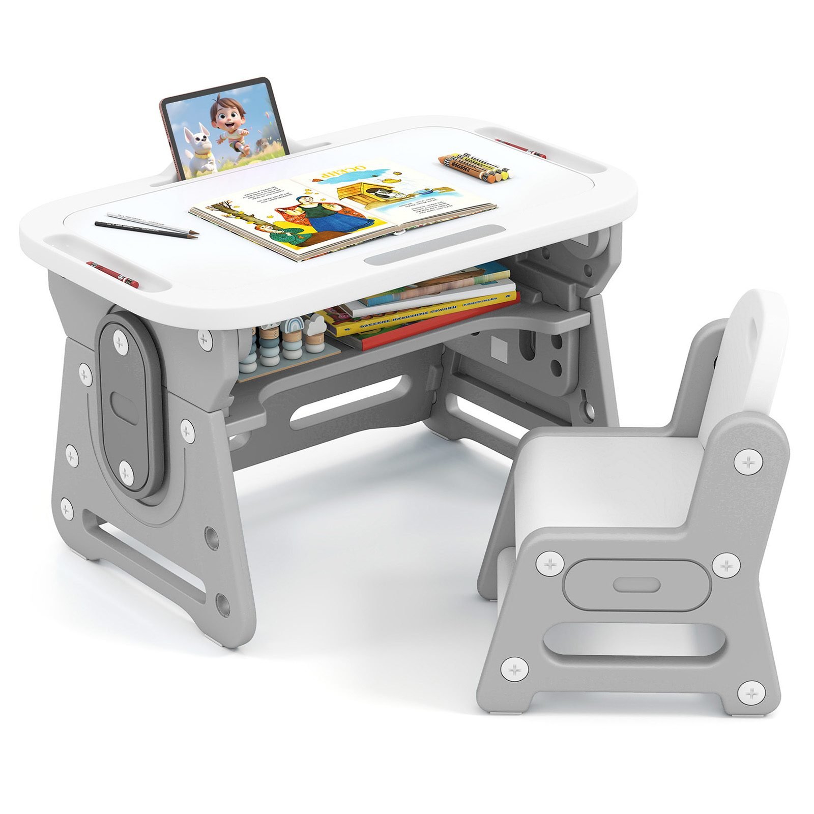 Reguliuojamo aukščio vaikų staliukas su kėde ir pasukama piešimo lenta (Pilka) Reguliuojamo aukščio vaikiškas stalas su kėde ir rašymo lenta (Pilka)