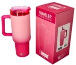 Rožinis termosinis puodelis su šiaudeliu, 1200 ml
