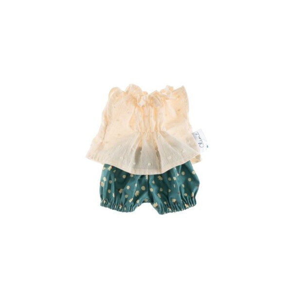 Rūbų rinkinys 38 cm lėlei kreminiais taškeliais