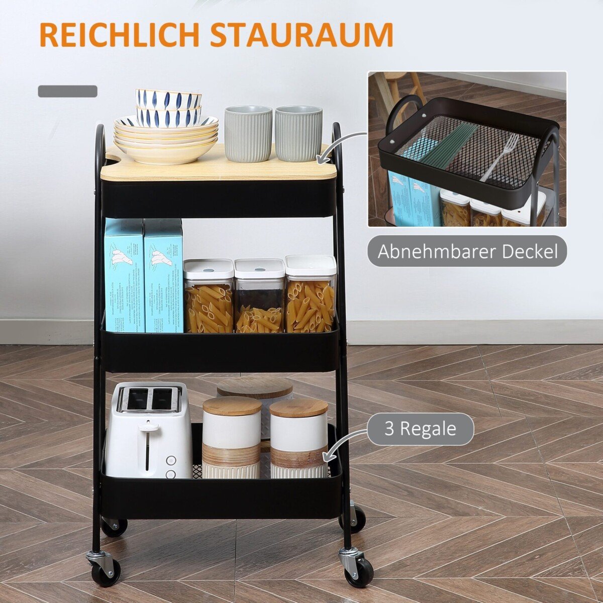 Daugiafunkcis vežimėlis su trimis krepšiais ir stalviršiu