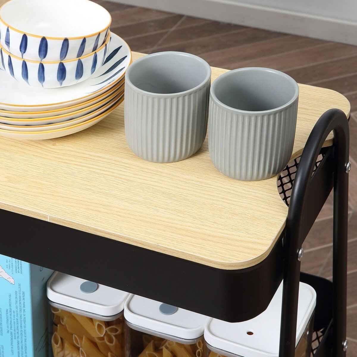 Daugiafunkcis vežimėlis su trimis krepšiais ir stalviršiu