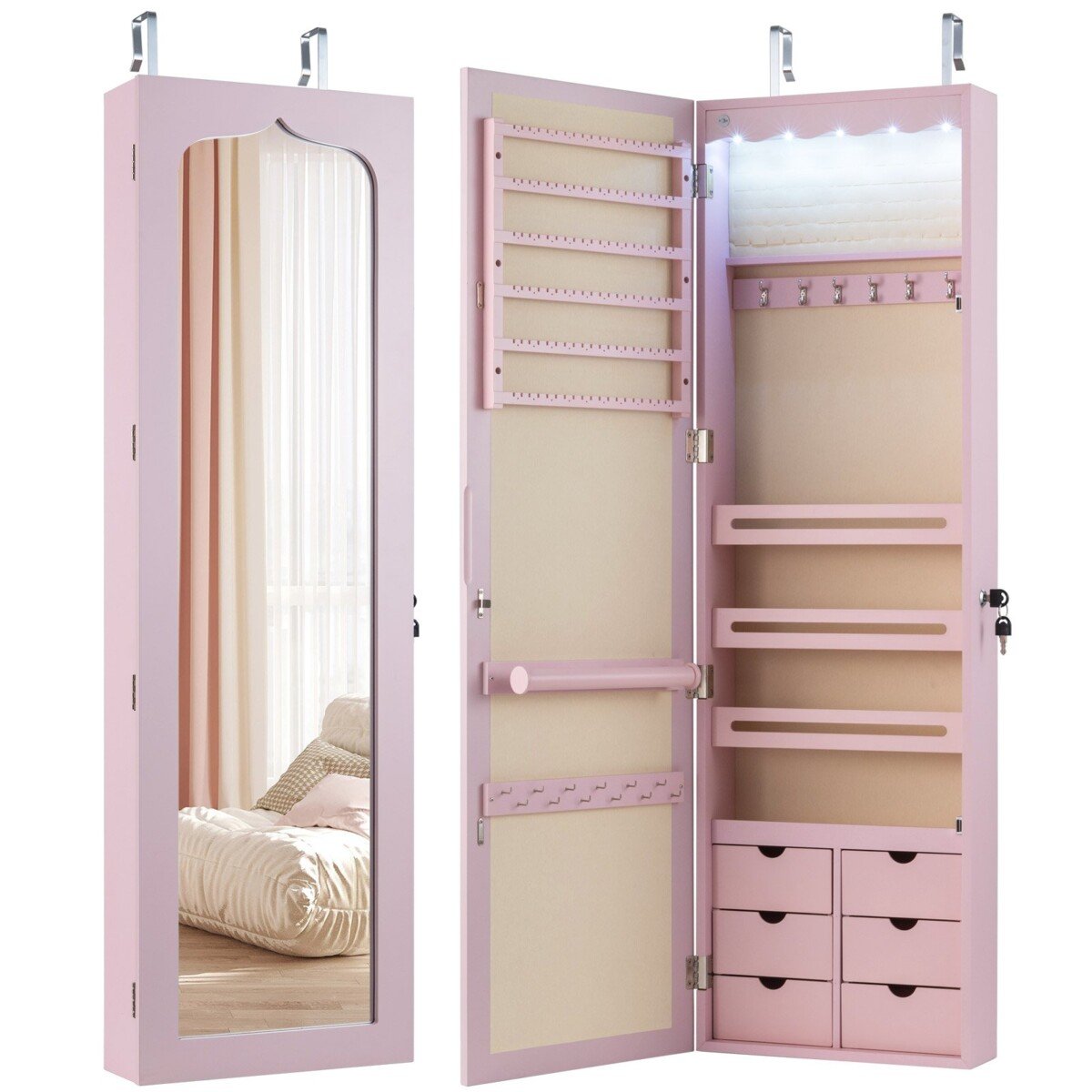 Sieninė papuošalų spintelė su veidrodžiu ir LED apšvietimu (Rožinė)