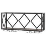 Sieninė vyno lentyna su LED apšvietimu ir 6 eilių vyno taurių laikikliais (Ruda)