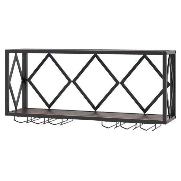 Sieninė vyno lentyna su LED apšvietimu ir 6 eilių vyno taurių laikikliais (Ruda)