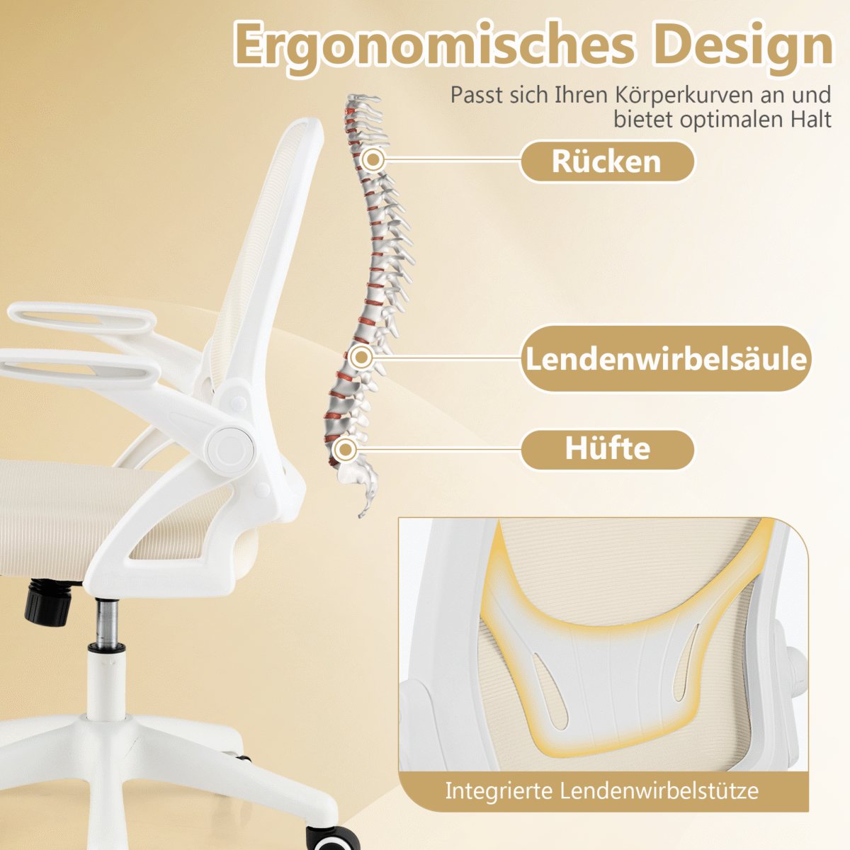 Ergonomiška biuro kėdė su atlenkiamais porankiais ir supamąja funkcija (Smėlio)