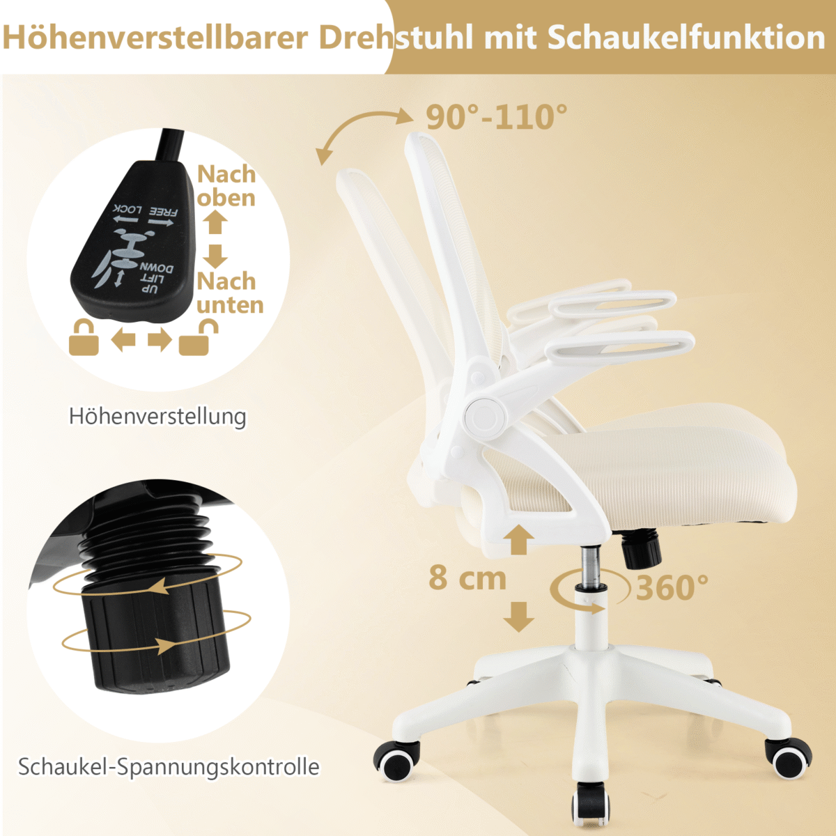 Ergonomiška biuro kėdė su atlenkiamais porankiais ir supamąja funkcija (Smėlio)