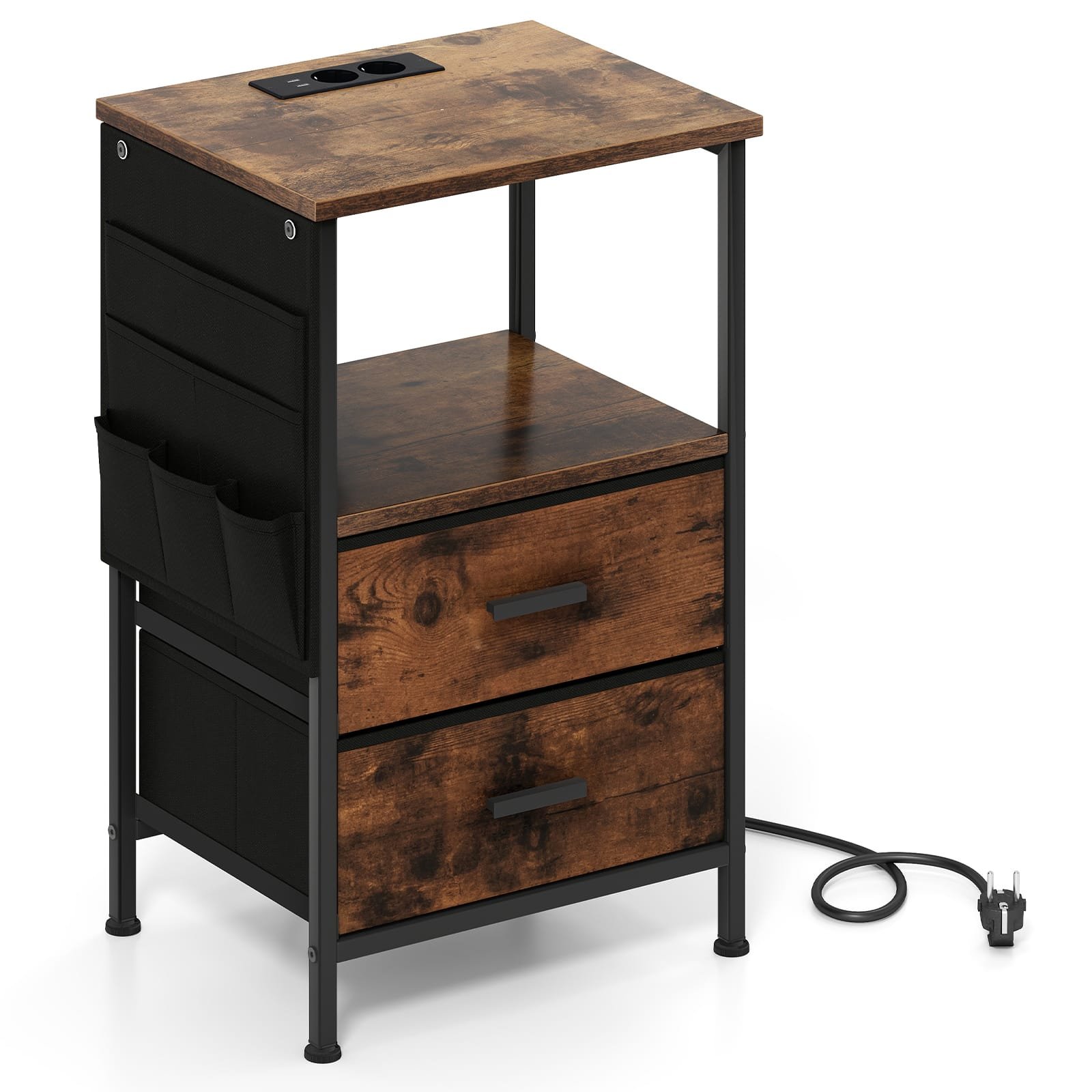 Soninis-staliukas-su-ikrovimo-stotele-ir-LED-apsvietimu-Kaimiska-ruda-1 Stalelis su integruota įkrovimo stotele ir laikymo kišenėmis (Rustikal rudas)