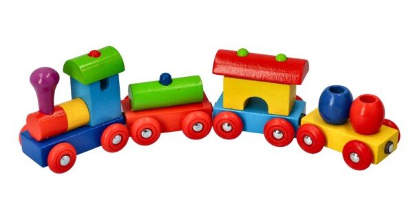 Spalvotas traukinys su magnetiniais vagonėliais ir kroviniais