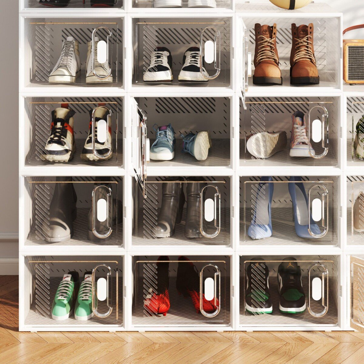 18 vnt. sudėliojamų batų dėžių komplektas su magnetinėmis durelėmis