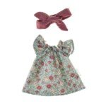 Suknelė lėlei 32 cm su juosta ir viržių žiedelių raštu