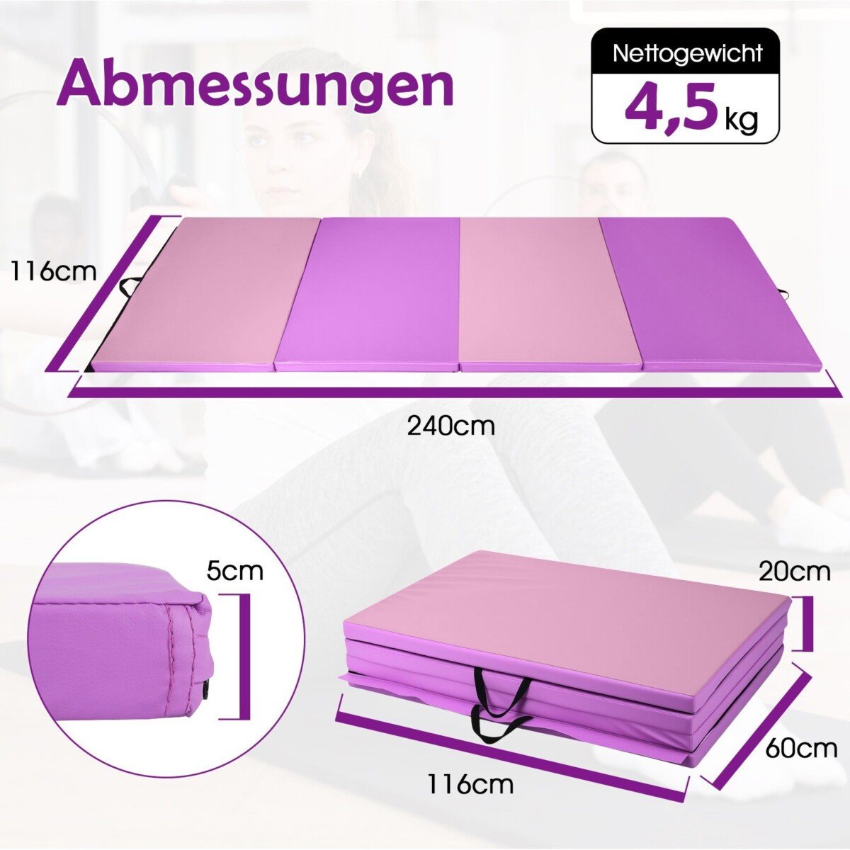 Sulankstomas gimnastikos čiužinys 240 x 116 x 5 cm (Violetinė ir Rožinė)