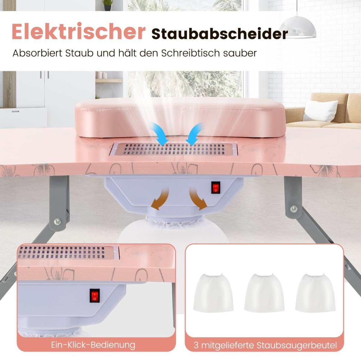 Sulankstomas manikiūro stalas su dulkių siurbliu ir LED lempos funkcija (Rožinė)