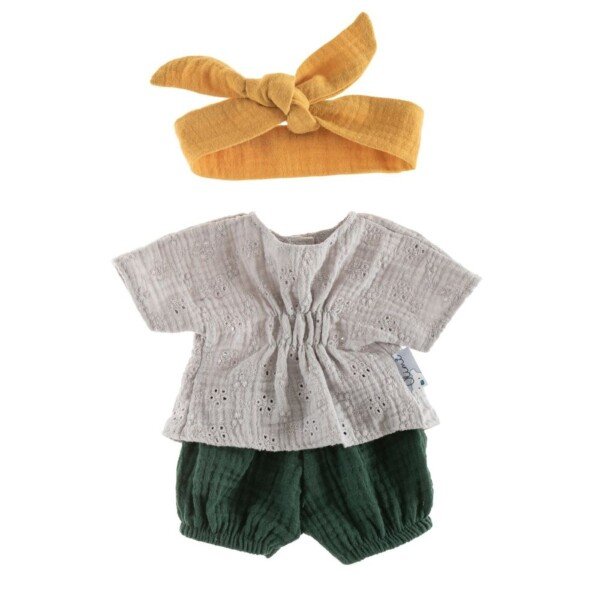 Tunika, šortai ir galvos juosta 38 cm lėlėms su pilkais nėriniais