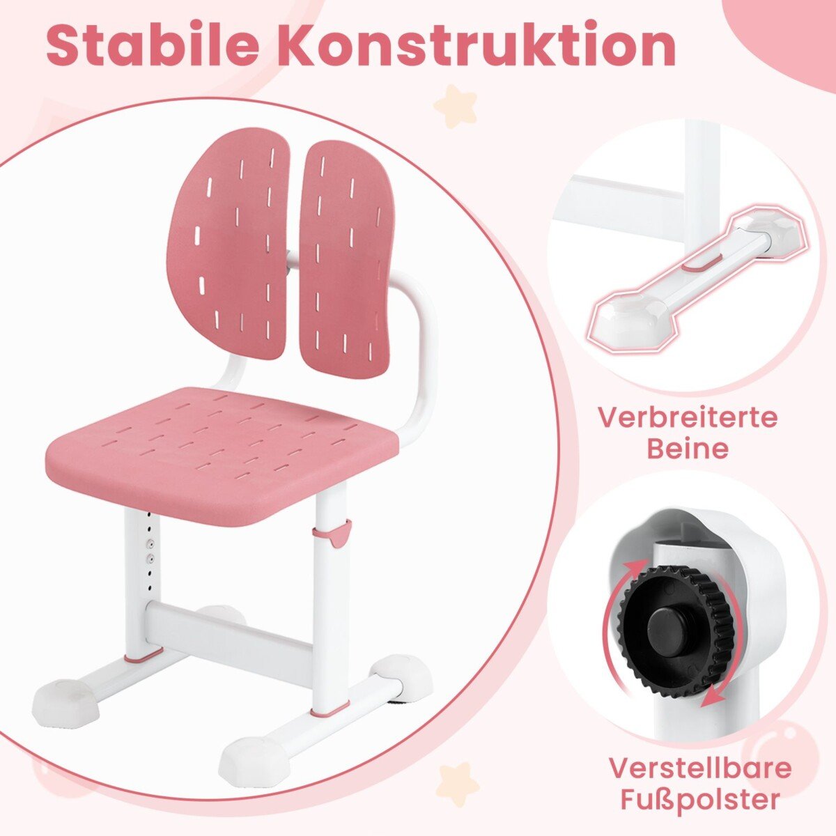 Reguliuojamo aukščio vaikiška kėdė su dviguba nugaros atrama (Rožinė)