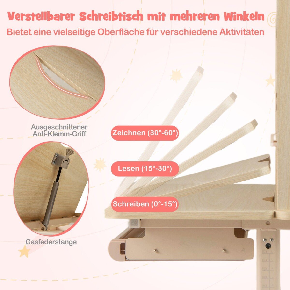 Reguliuojamo aukščio rašomasis stalas su stalčiumi ir lentyna tinkamai laikysenai (Natūrali)