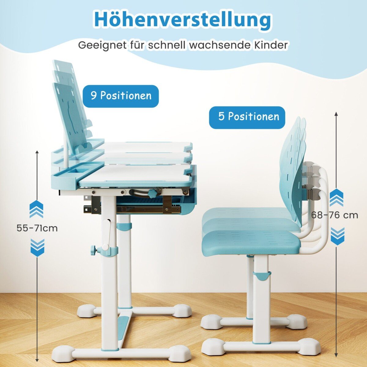 Reguliuojamo aukščio rašomasis stalas su pakreipiamu stalviršiu vaikams (Mėlyna)
