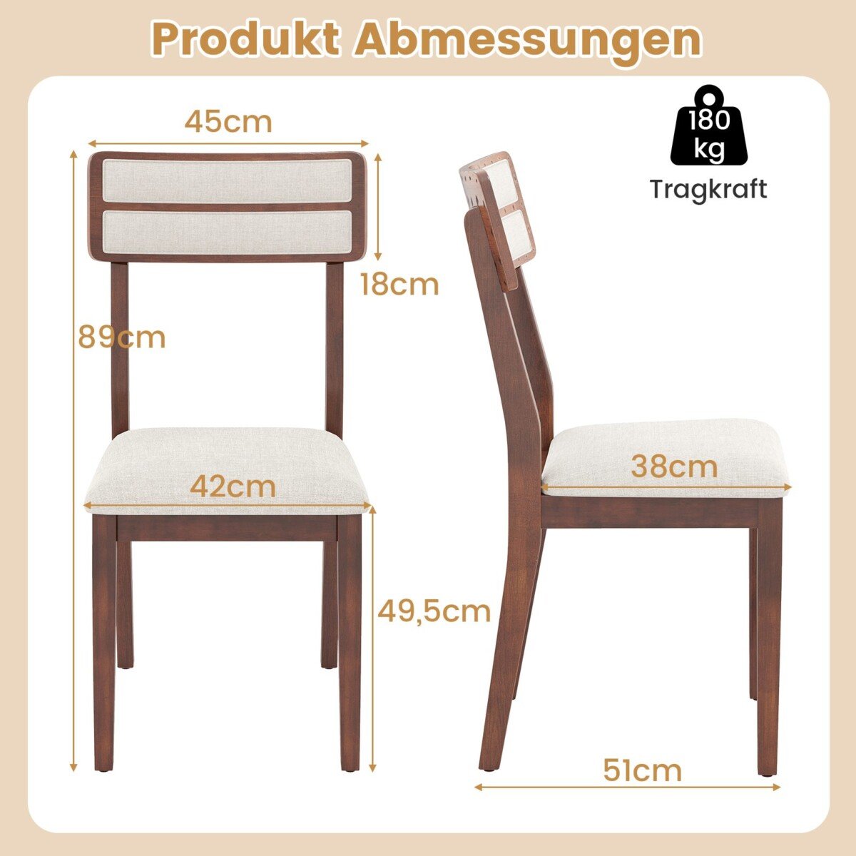 Valgomojo kėdžių komplektas (2 vnt.) su minkšta sėdyne ir gumuoto medžio kojomis (Riešuto)