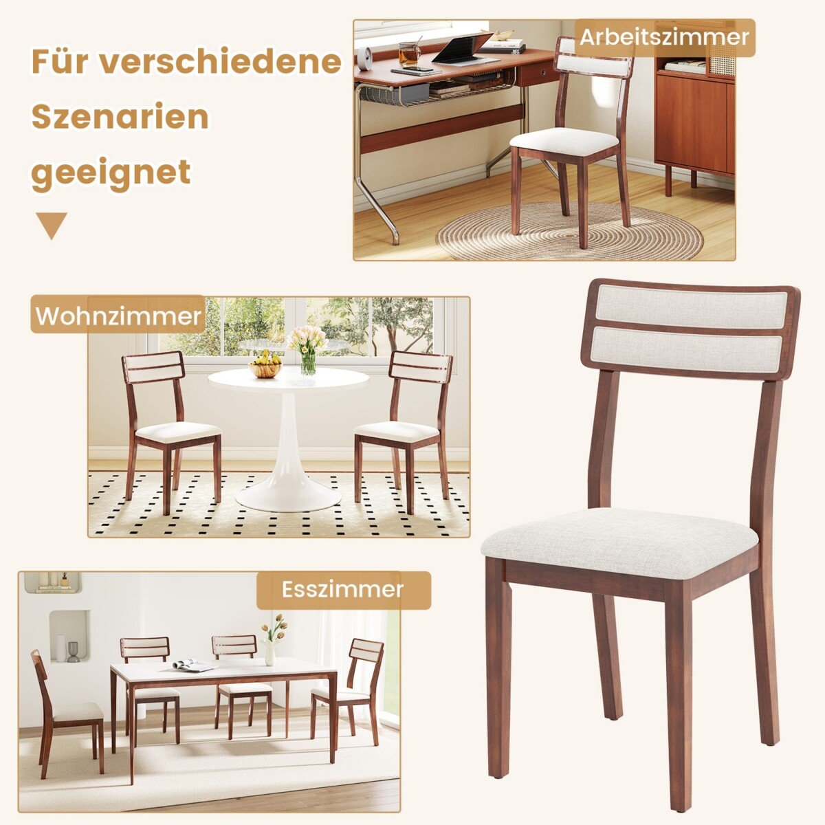 Valgomojo kėdžių komplektas (2 vnt.) su minkšta sėdyne ir gumuoto medžio kojomis (Riešuto)