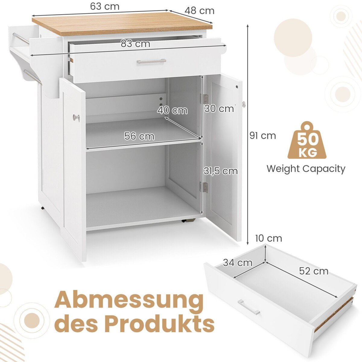 Virtuvės vežimėlis su stalčiumi ir rankšluosčių laikikliu (Balta)