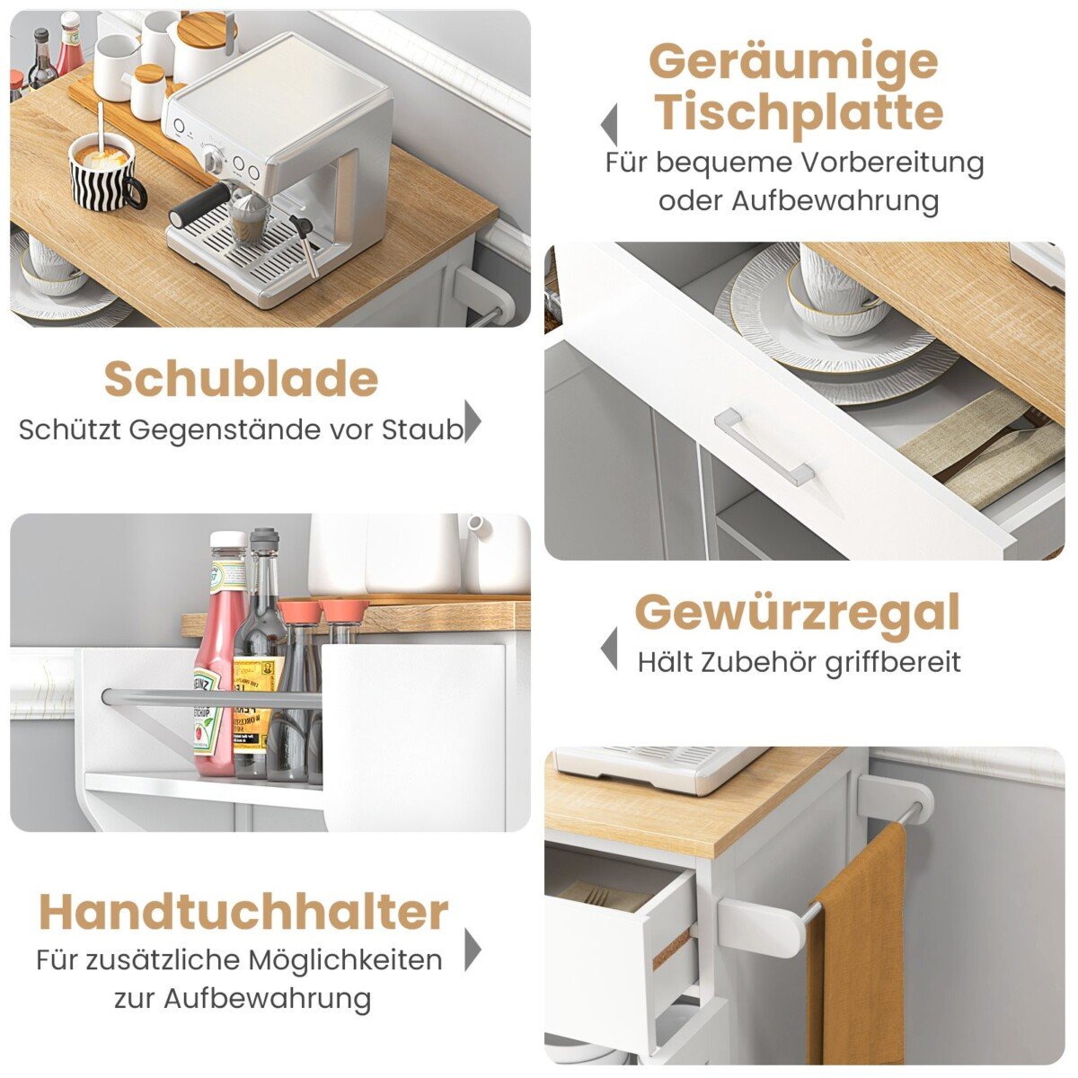 Virtuvės vežimėlis su stalčiumi ir rankšluosčių laikikliu (Balta)